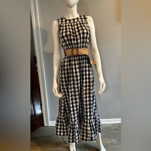 A New Day Gingham Black White Maxi Ruffle  Stretch Cotton Dress with belt XS